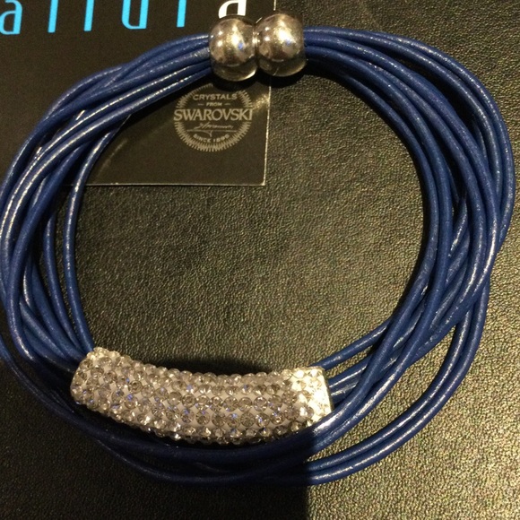 Navy Leather Bracelet with Swarovski Crystals - Picture 2 of 3